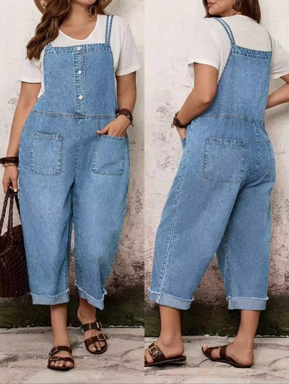Emery Rose Denim Bib Overalls Womens 2XL Blue Plus Size Wide Leg Loose Fit